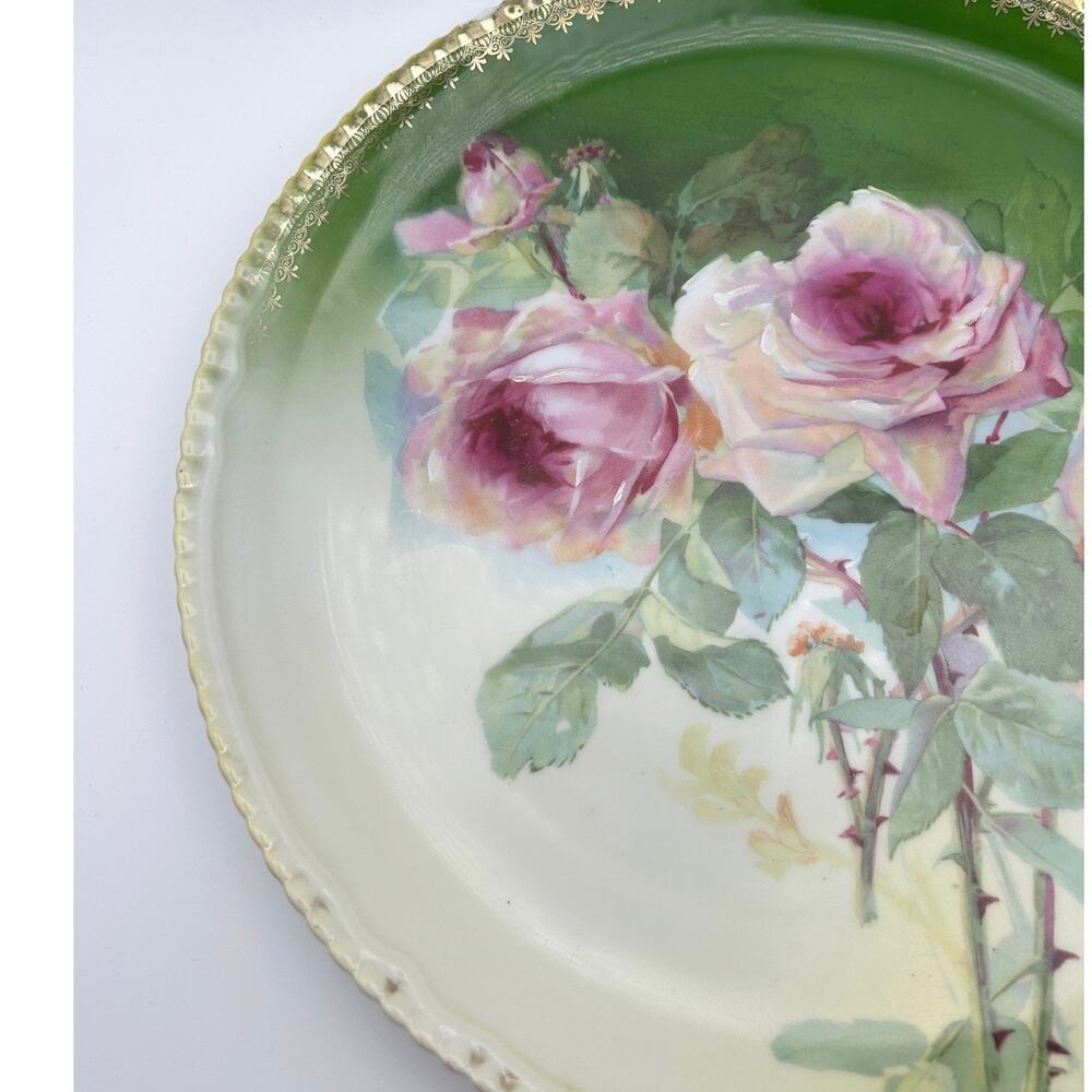 Porzellanfabrik Moschendorf Cabinet Plate 12" Charger Green Roses Antique - Picture 4 of 7